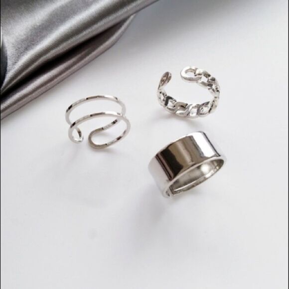 Silver Punk Rings Set, 3 Piece Set - Picture 2 of 2
